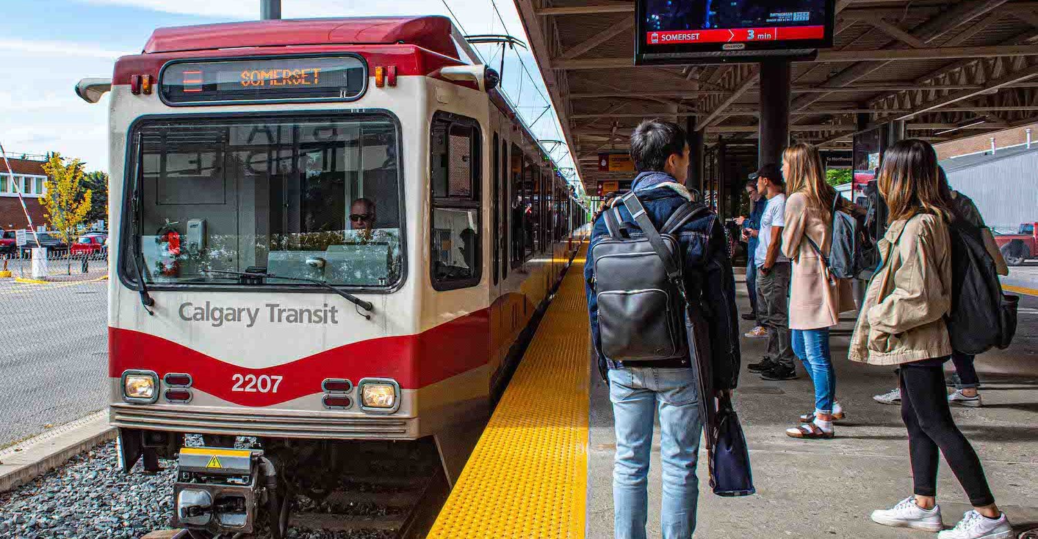 Students waiting for the LRT in Calgary at the Jubliee, SAIT, AUArts stop in autumn